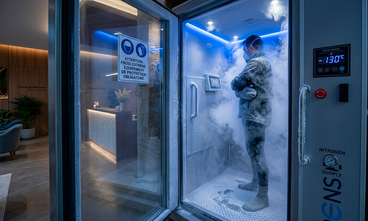 Intérieur d'une cabine de cryothérapie avec de la vapeur d'azote.